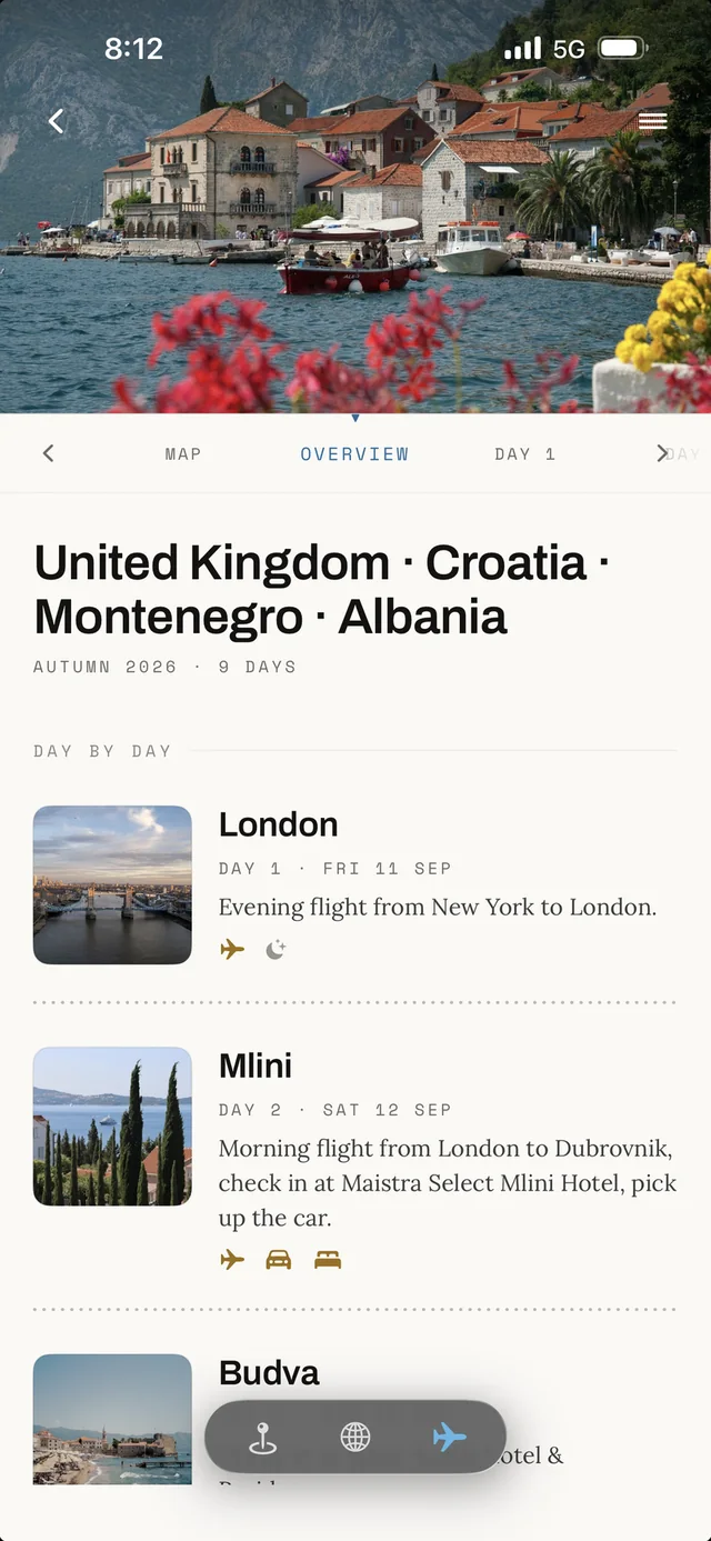 A trip plan in the app: nine days across the United Kingdom, Croatia, Montenegro and Albania, day by day.