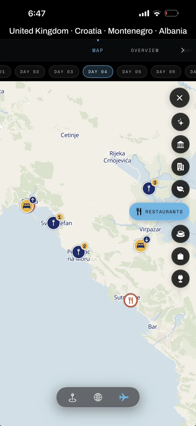 A day of the trip on the map: numbered stops and hotels along the Montenegrin coast, with category filters for restaurants, museums and bars.