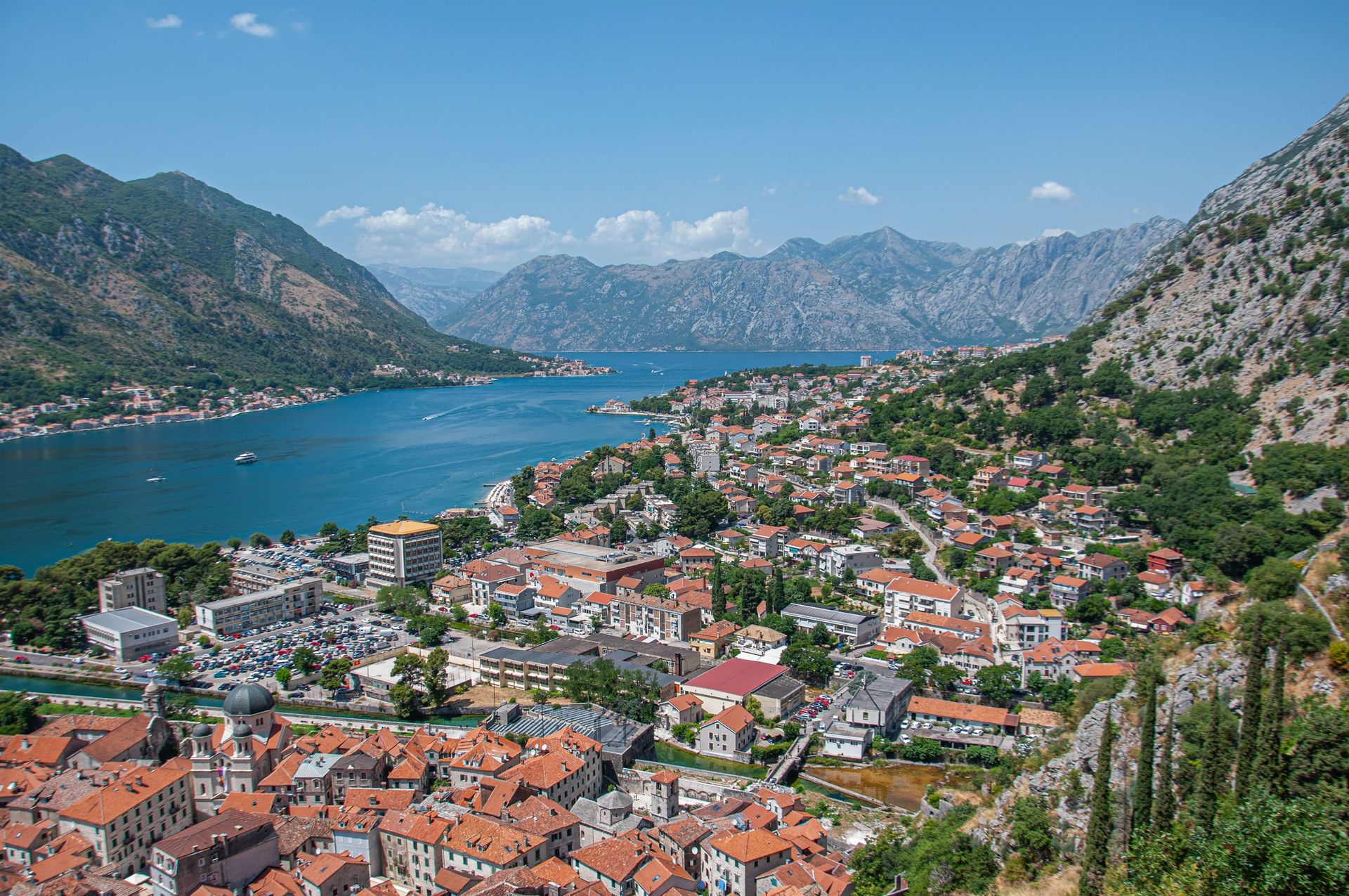 The Bay of Kotor in Montenegro from above, the old town at the water's edge under the mountains